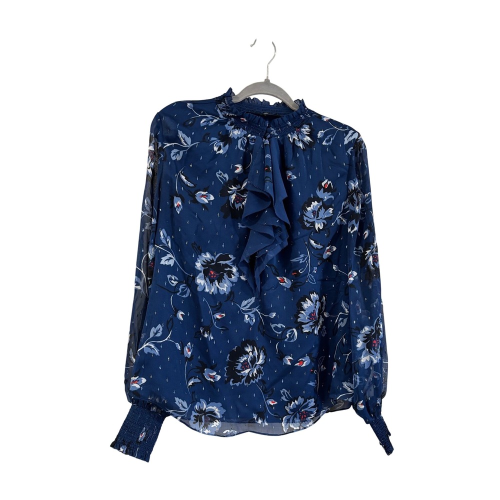 White House Black Market Blouse Blue Floral Ruffle Neck Metallic Silk Feel 12 - Picture 1 of 5